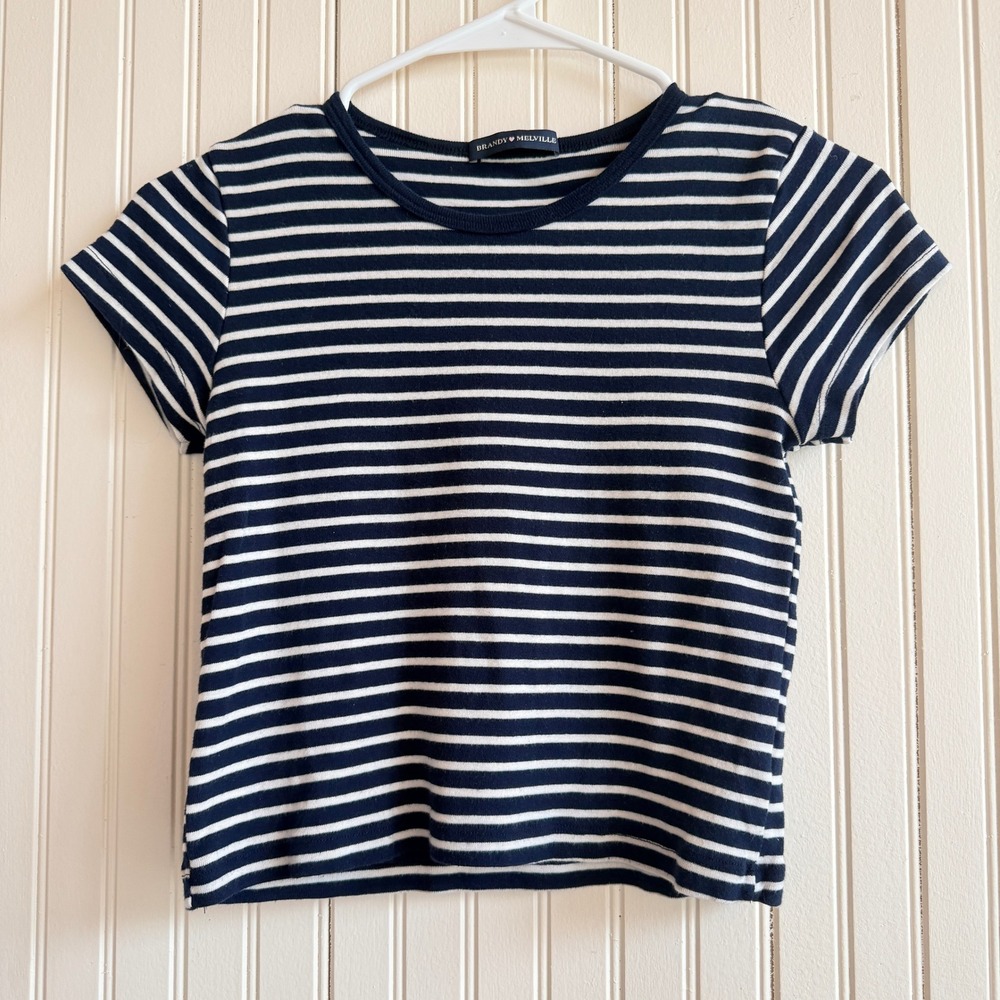 Brandy Melville Navy‎ Blue White Striped Short Sleeve Baby Tee Crop Top One Size
